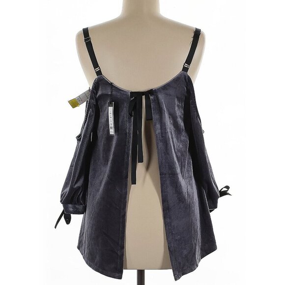 NWT Romeo & Juliet Couture Gray Purple Velvet Cold Shoulder Open Back Tie Top - Picture 4 of 7